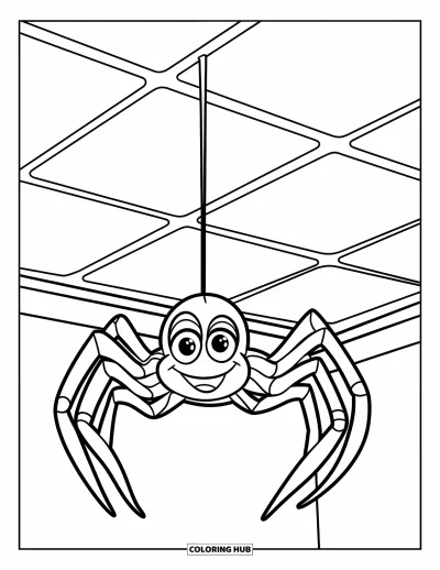 Coloriage d'araignées pour enfants : Une araignée joueuse pend d'un plafond à motifs carrés au bout d'un fil de soie