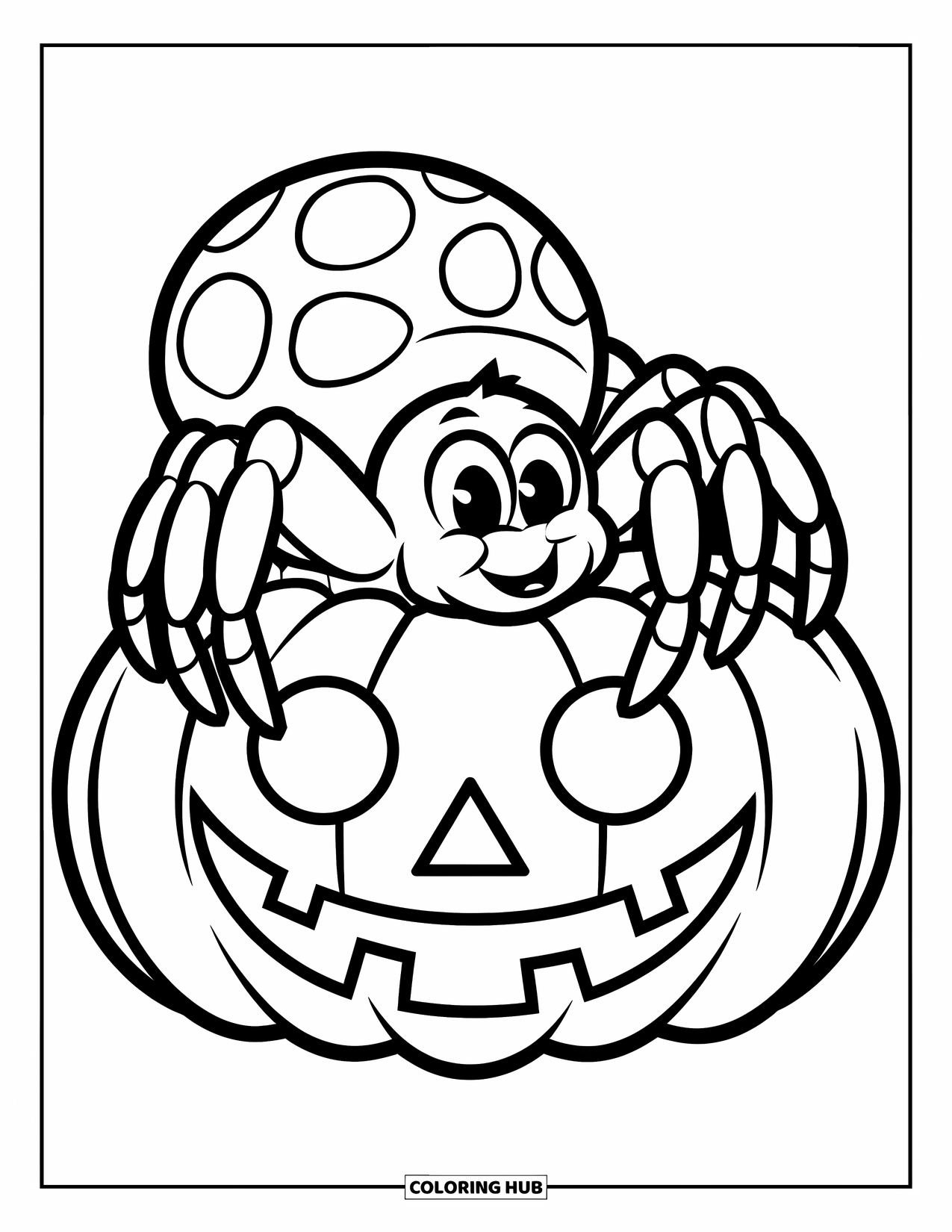 Spider Coloring Page for Kids: A round-eyed spider climbs a smiling pumpkin with fun, playful shapes