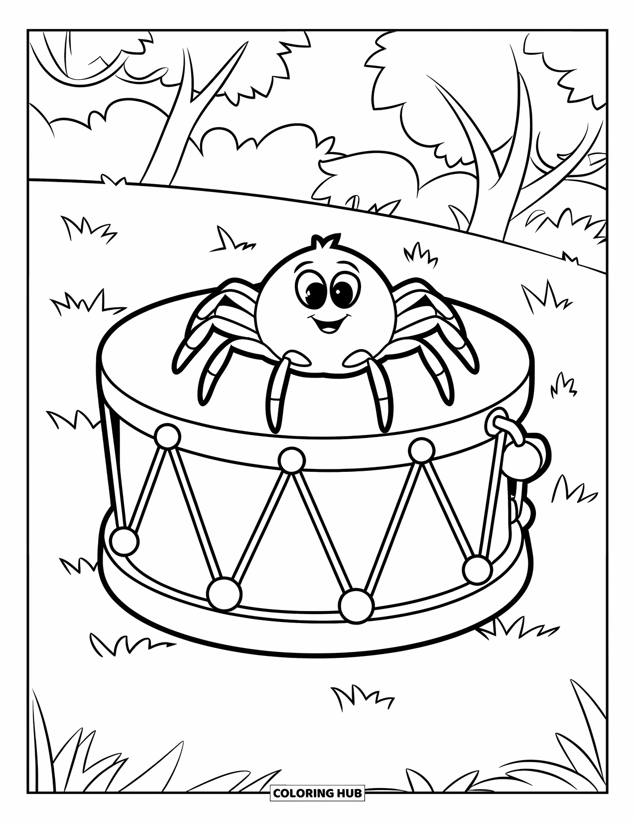 Spider Coloring Page for Kids: A round spider with stubby legs rests on a toy drum in the grass