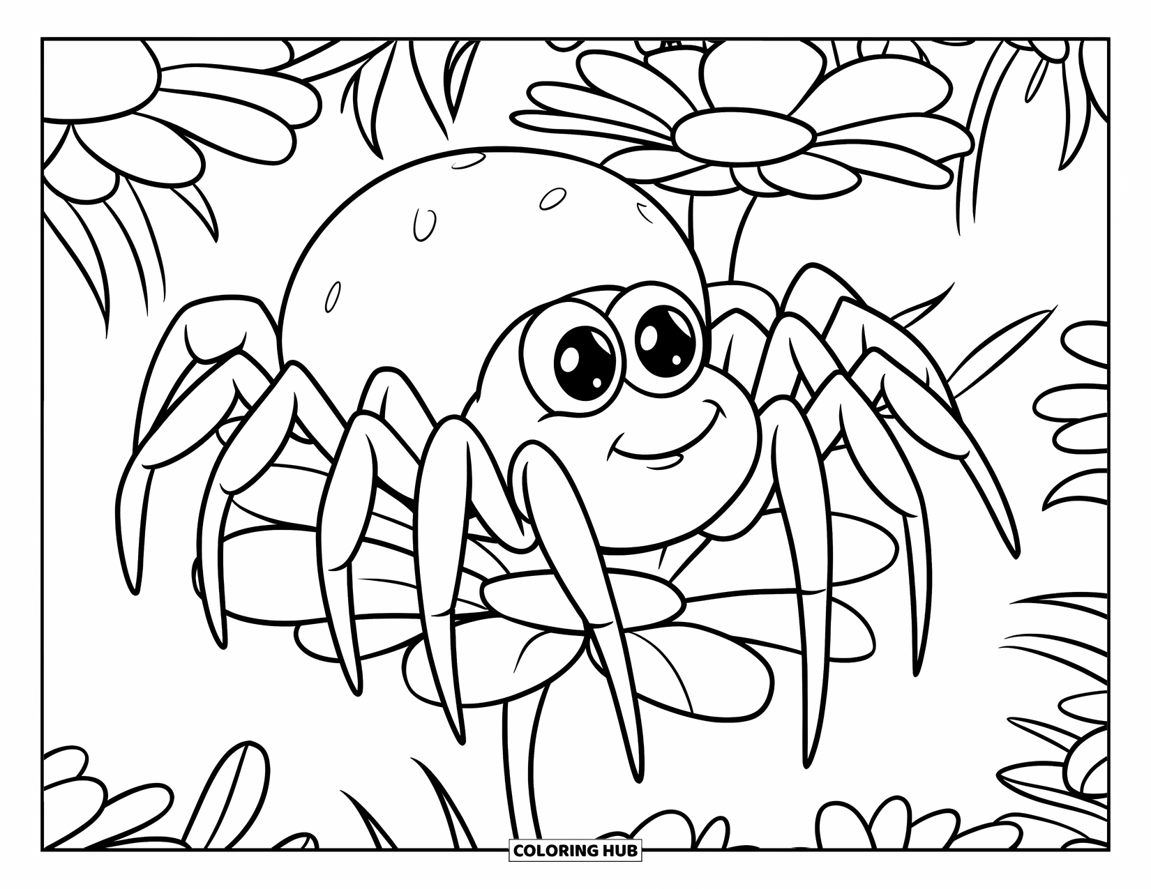 Spider Coloring Page for Kids: A round spider with stubby legs sits gently among scattered blooming flowers
