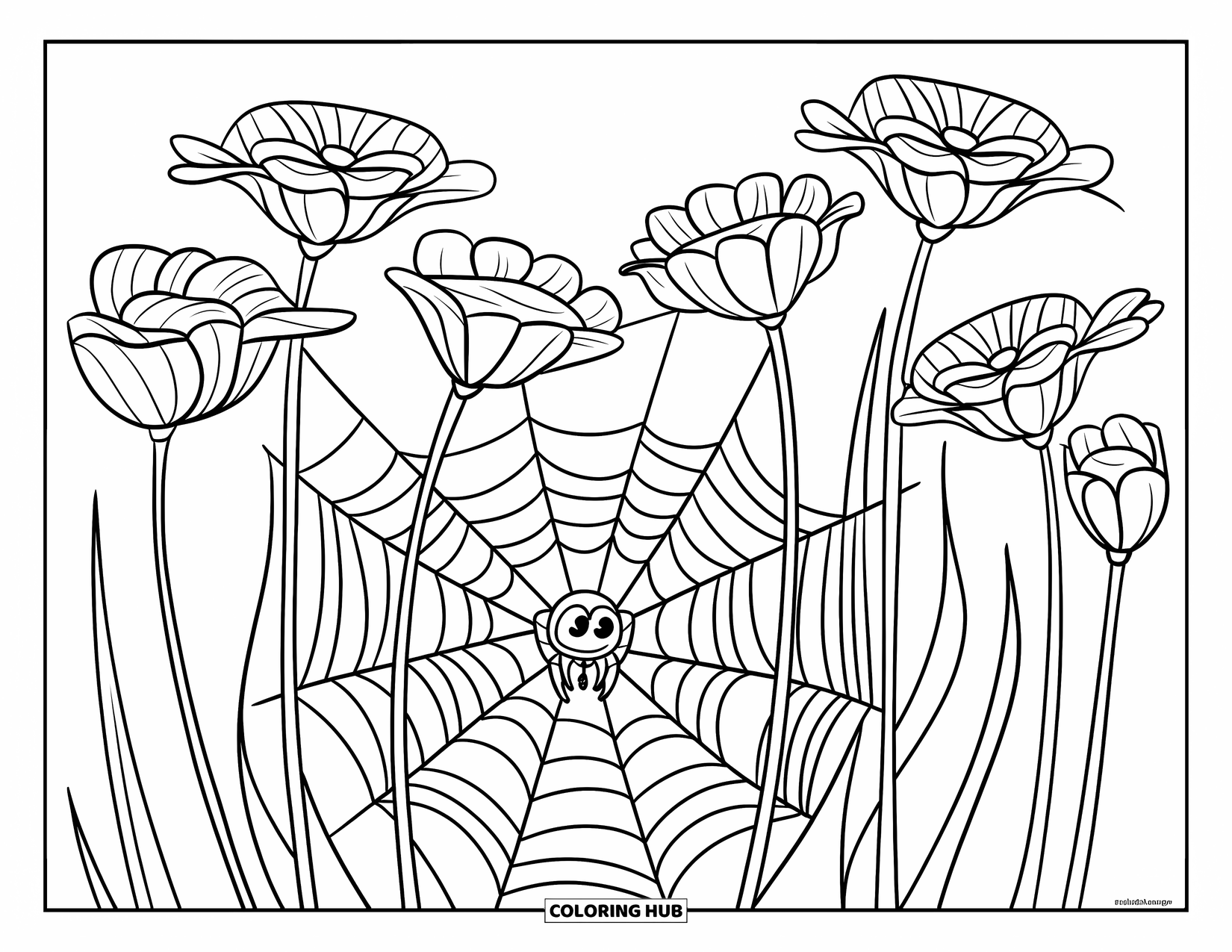 Spider Coloring Page for Kids: A small spider spins a delicate web between tall, thin flower stems