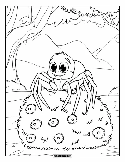 Coloriage d'araignées pour enfants : Une petite araignée aux grands yeux perchée sur un buisson aux fleurs rondes