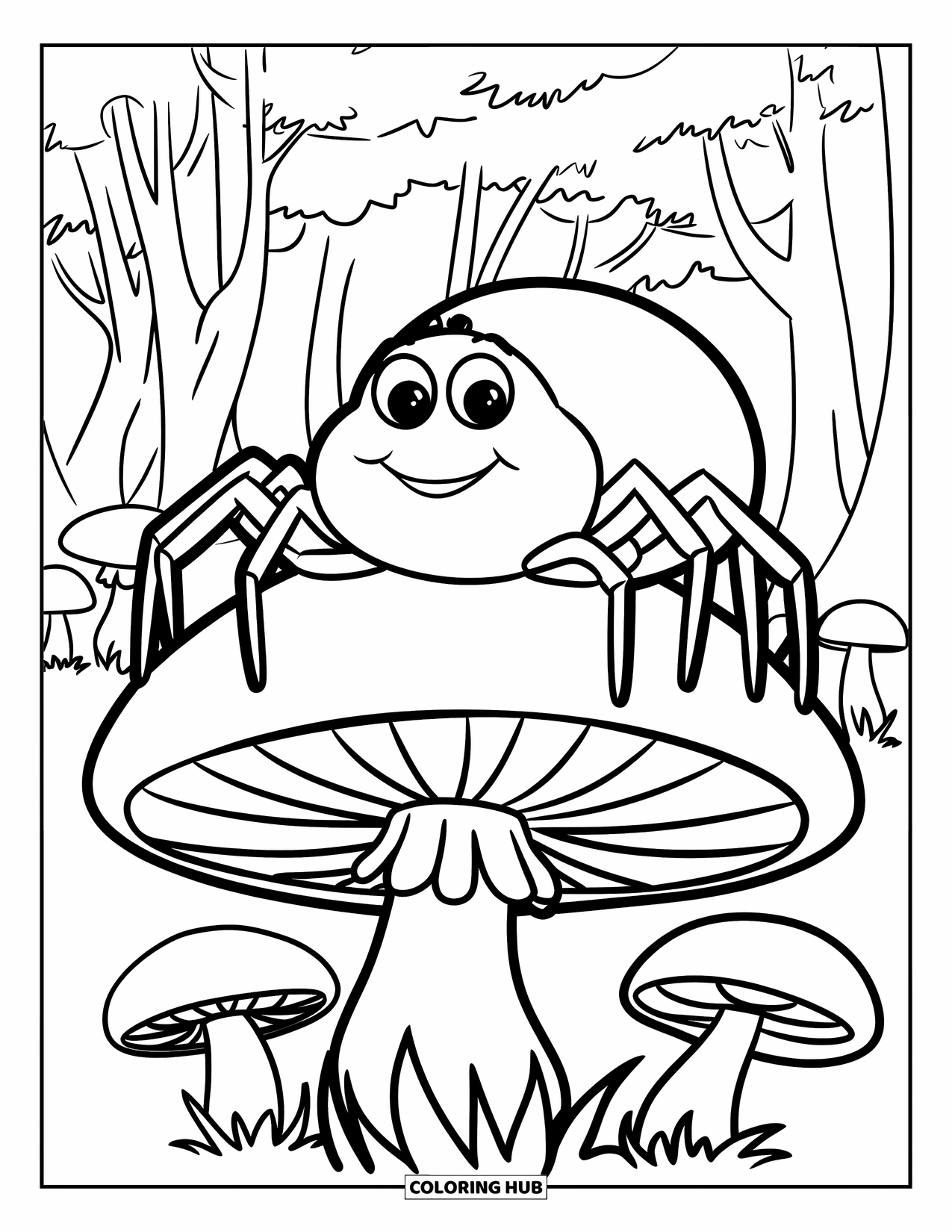 Coloriage d'araignée pour enfants : Une araignée souriante avec de grands yeux est assise sur un champignon parmi des arbres forestiers
