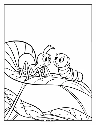 Coloriage d'araignées pour enfants : Une araignée et une chenille se font face sur une large feuille