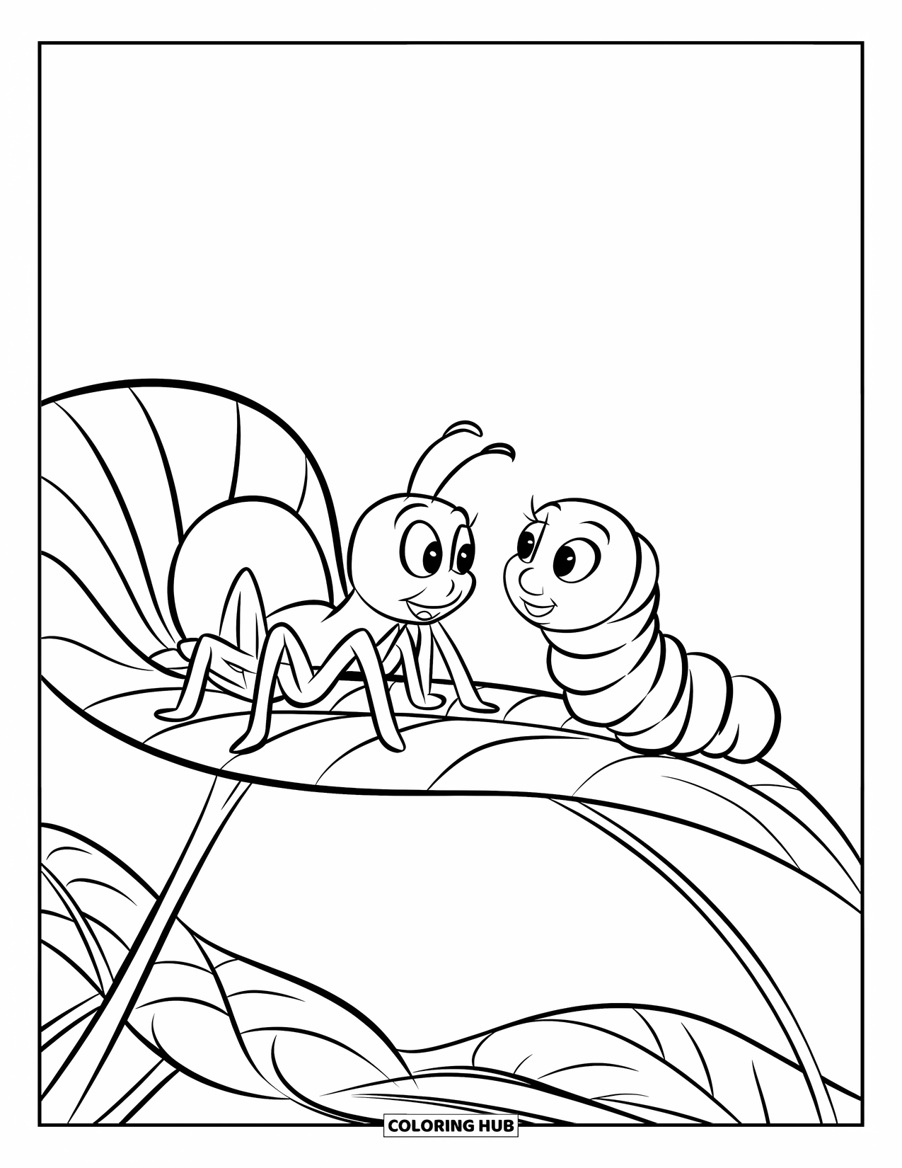 Spider Coloring Page for Kids: A spider and caterpillar face each other on a wide leaf