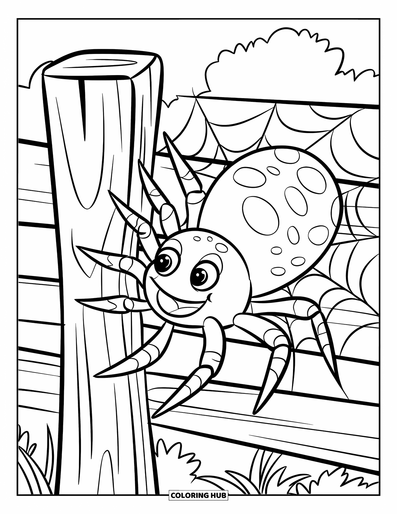Spider Coloring Page for Kids: A spider climbs a garden post with a web nearby and plants around