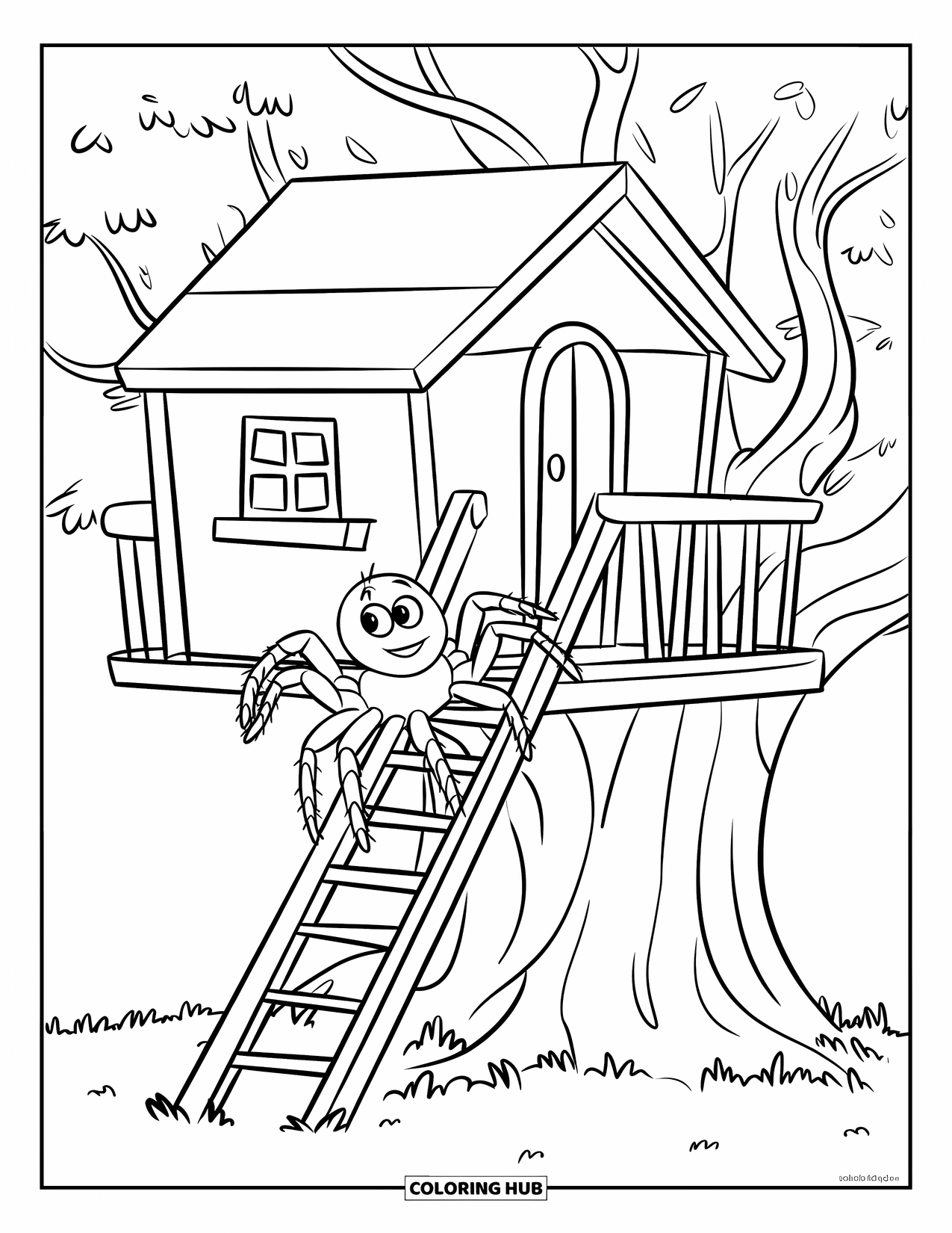 Spider Coloring Page for Kids: A spider climbs toward a small treehouse with a door, window, and leafy tree