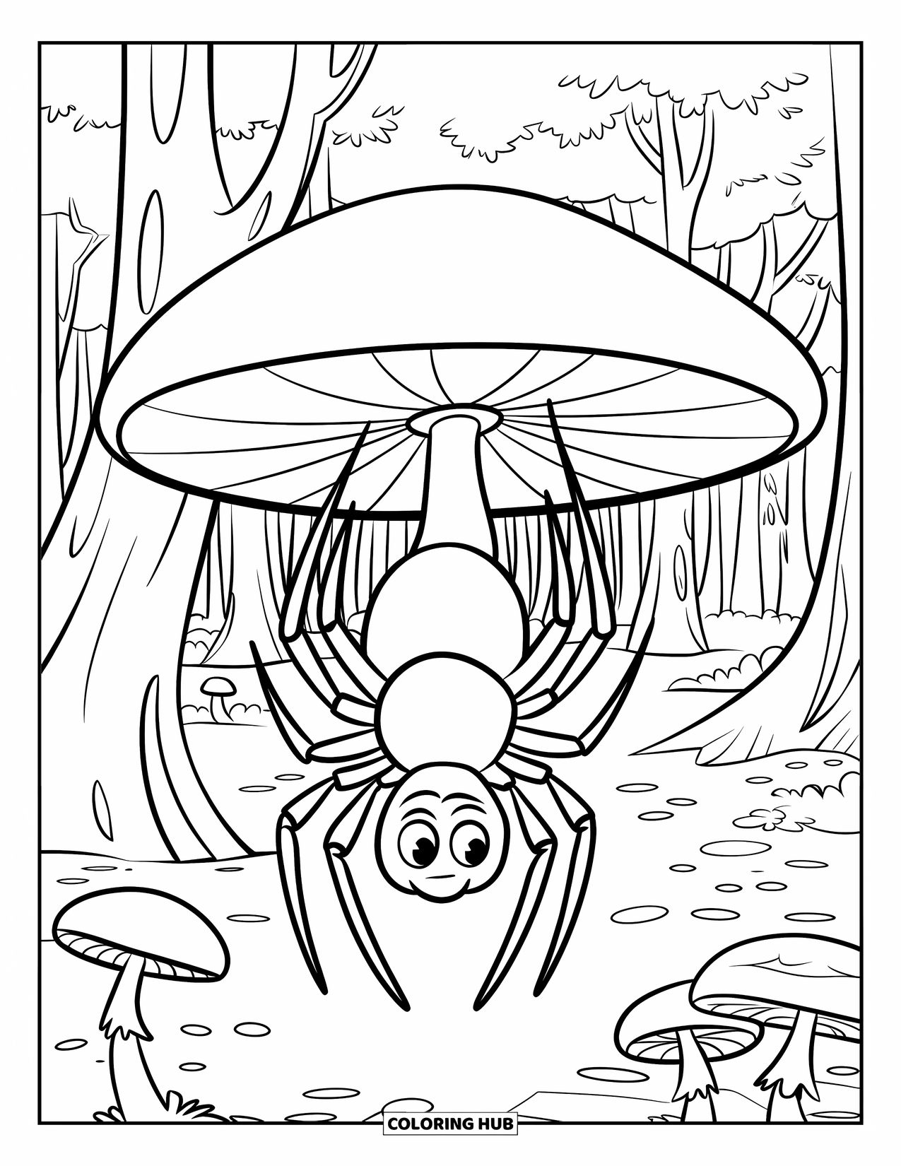 Spider Coloring Page for Kids: A spider clings beneath a mushroom with trees and smaller mushrooms nearby