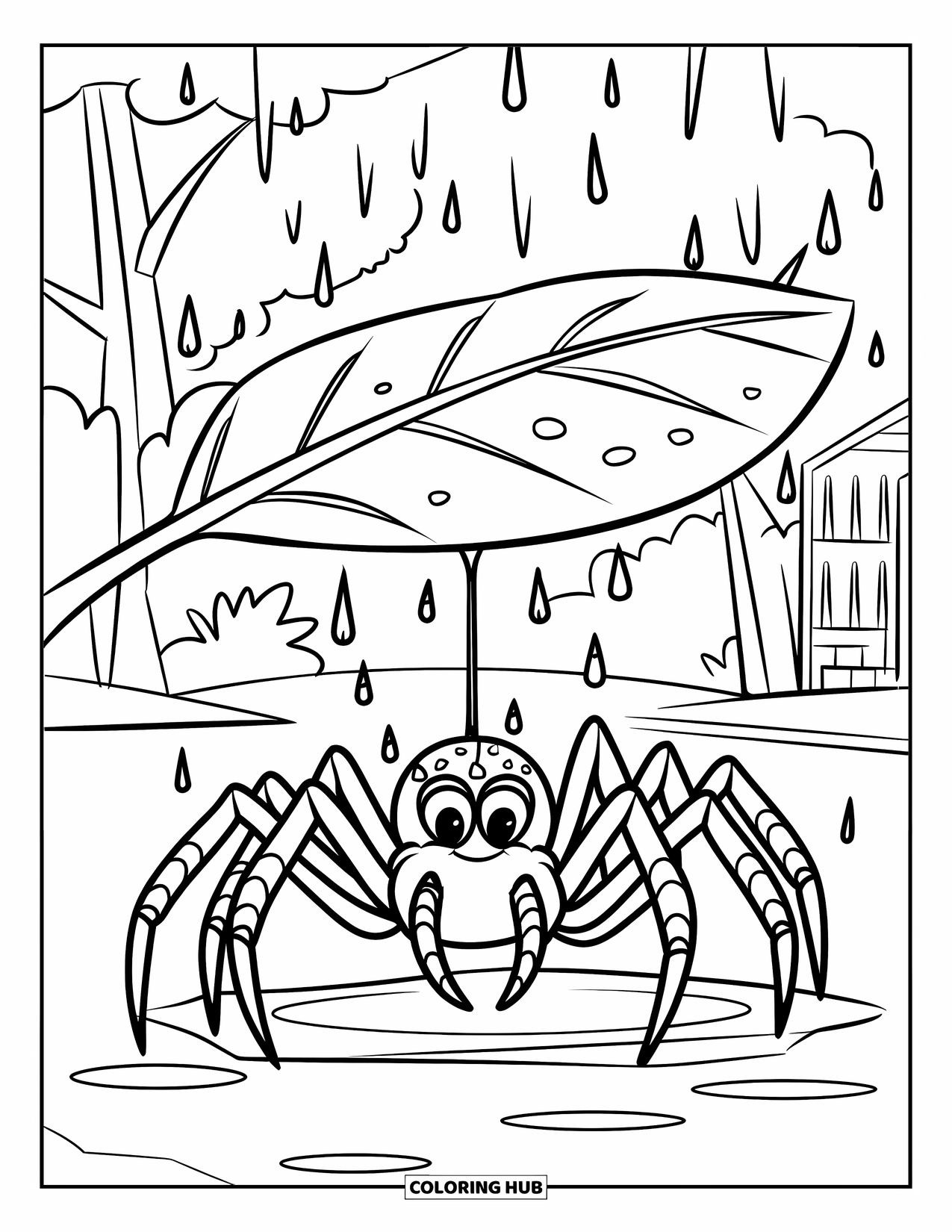 Spider Coloring Page for Kids: A spider clings to a web under a leaf with raindrops and trees nearby