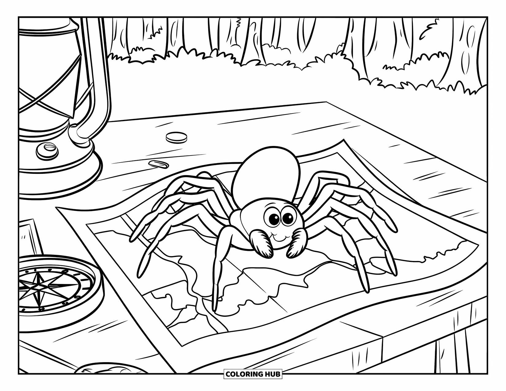 Spider Coloring Page for Kids: A spider crawls across a map on a camp table filled with outdoor gear