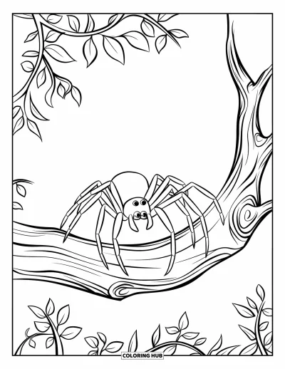 Coloriage d'araignées pour enfants : Une araignée rampe le long d'une branche courbée parsemée de petites feuilles