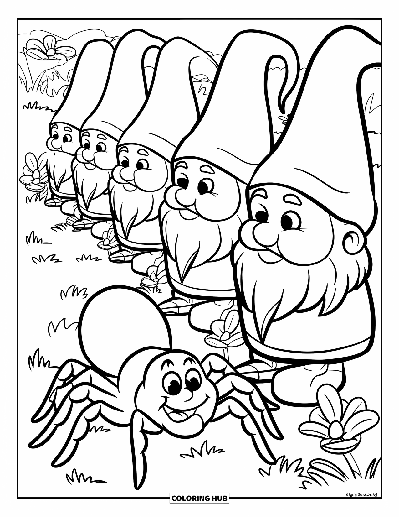 Spider Coloring Page for Kids: A spider crawls near gnomes lined up in a garden filled with flowers