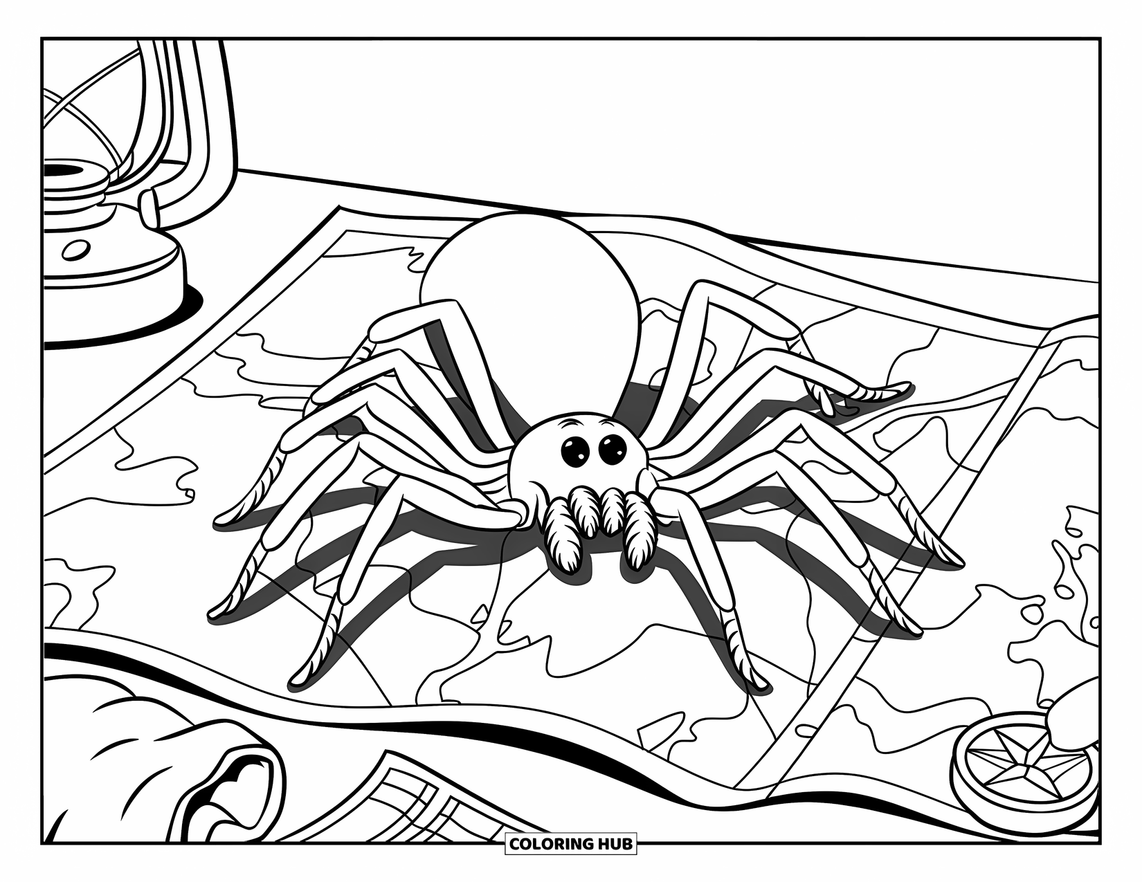 Spider Coloring Page for Kids: A spider crawls over a map on a camp table with scattered travel items