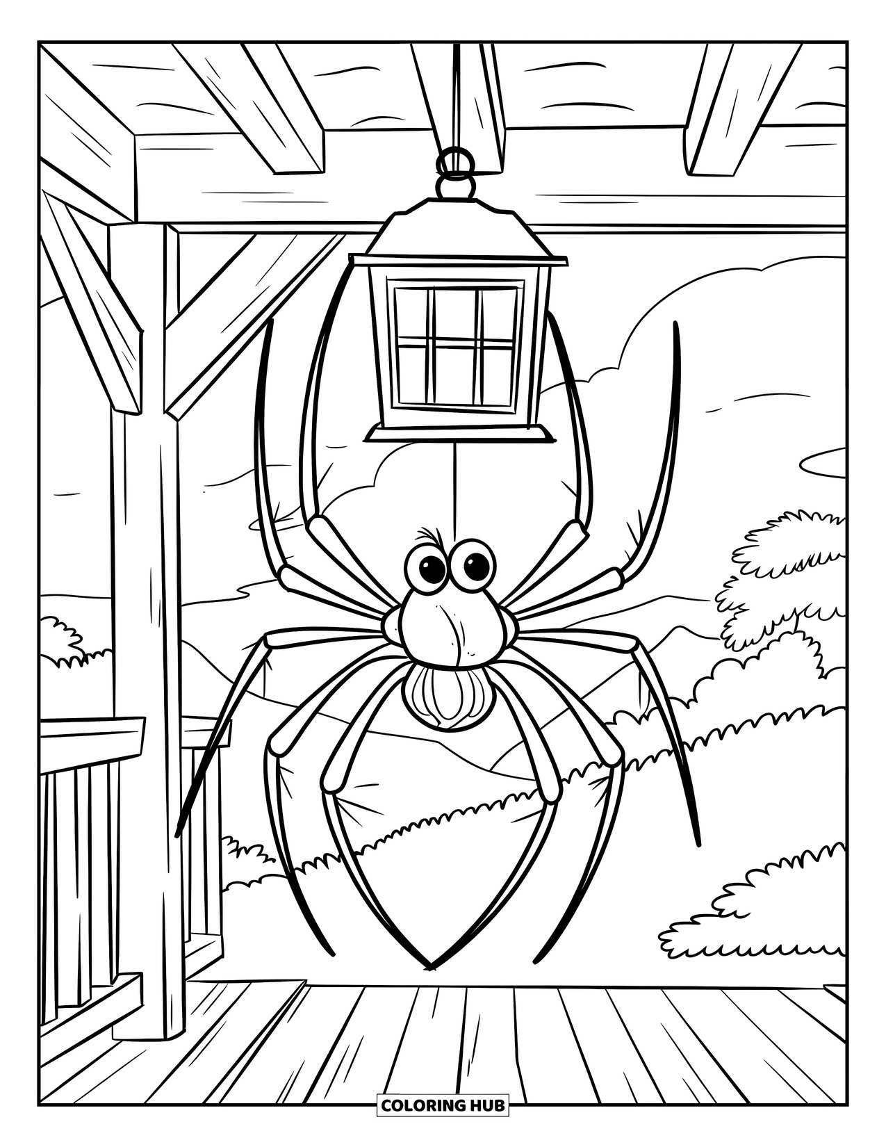 Spider Coloring Page for Kids: A spider dangles from a lantern above a quiet porch with trees and mountains