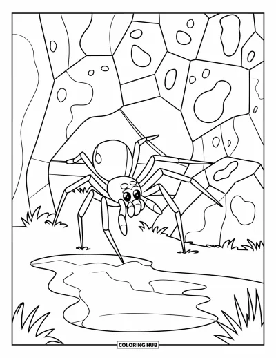 Coloriage d'araignées pour enfants : Une araignée explore des rochers près d'une flaque bordée de hautes herbes