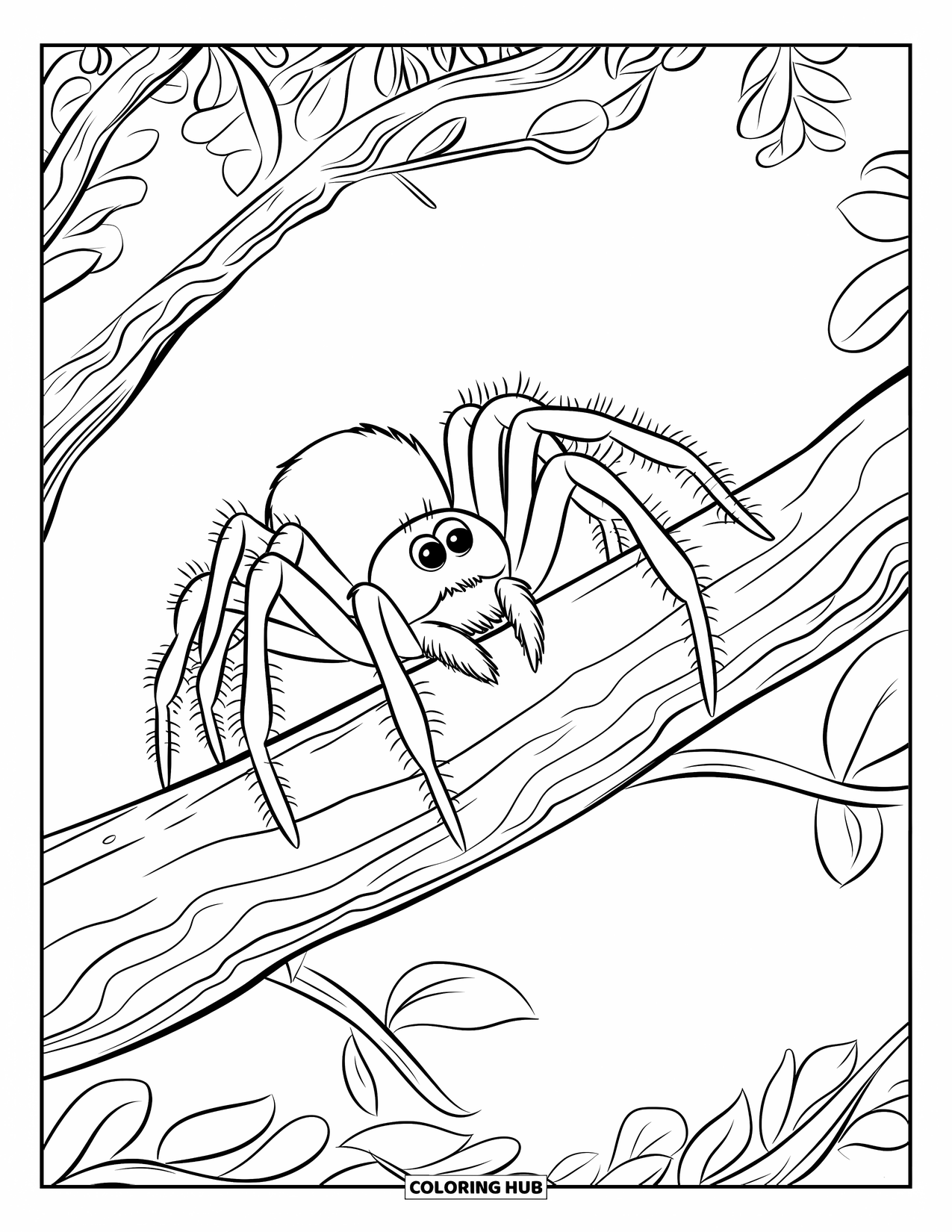 Spider Coloring Page for Kids: A spider grips a branch with rough bark and soft layered leaves