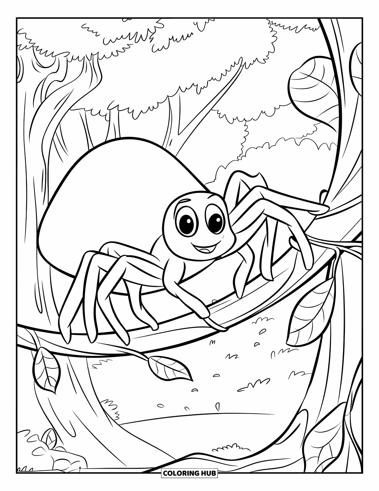 Spider Coloring Page for Kids: A spider grips a leafy vine spiraling around a tall tree in the forest