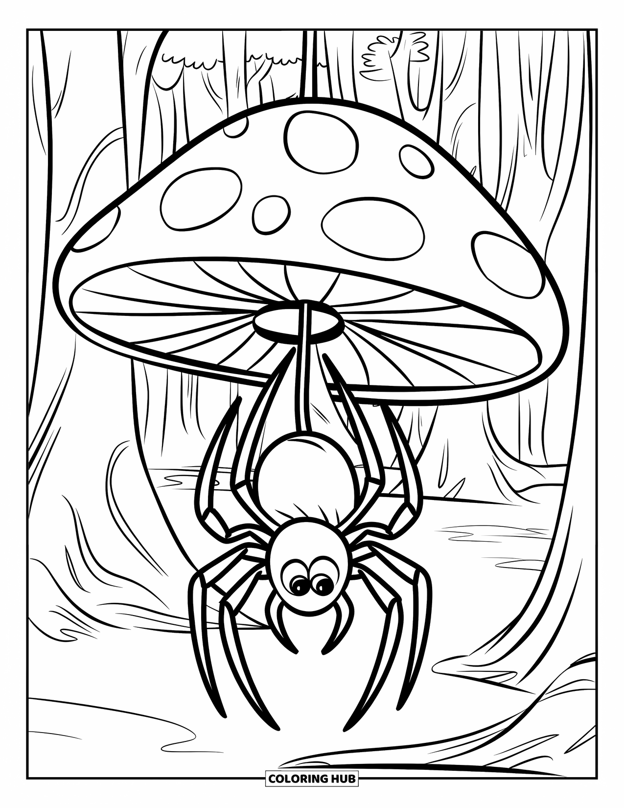 Spider Coloring Page for Kids: A spider hangs under a mushroom cap in a peaceful forest of tall trees