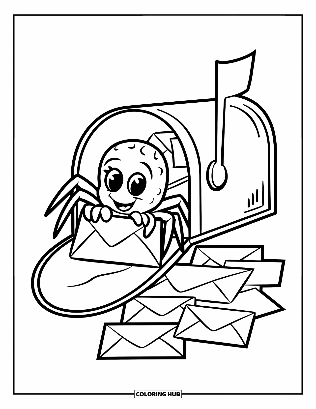 Spider Coloring Page for Kids: A spider holds a letter inside a mailbox with envelopes below
