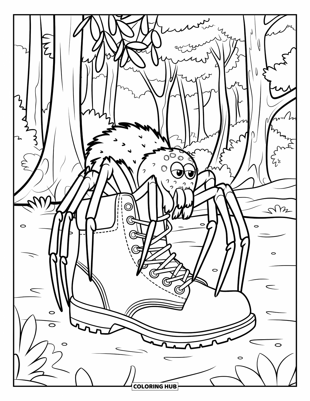 Spider Coloring Page for Kids: A spider holds onto a boot surrounded by trees in a peaceful forest scene