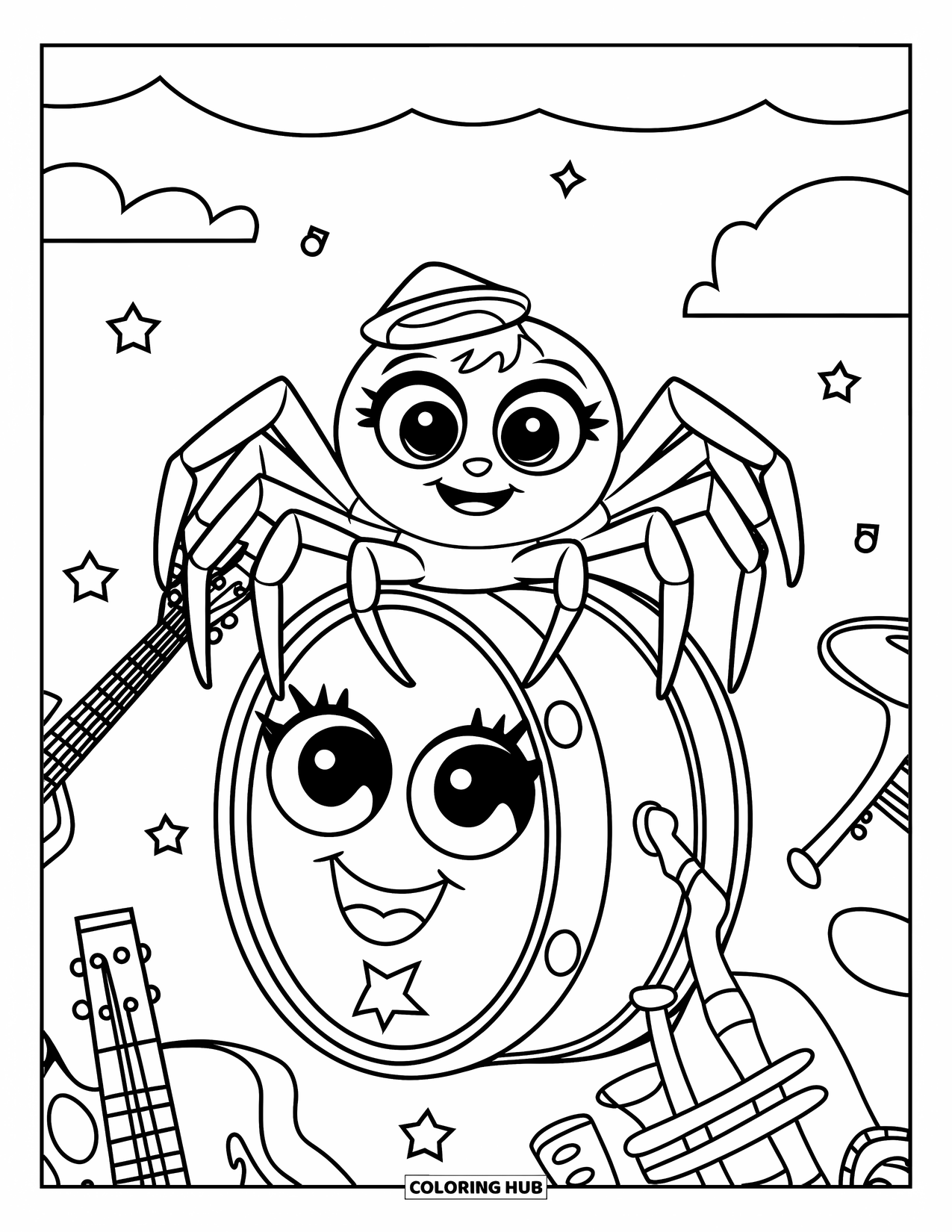 Spider Coloring Page for Kids: A spider in a hat plays on a smiling drum with instruments and clouds nearby