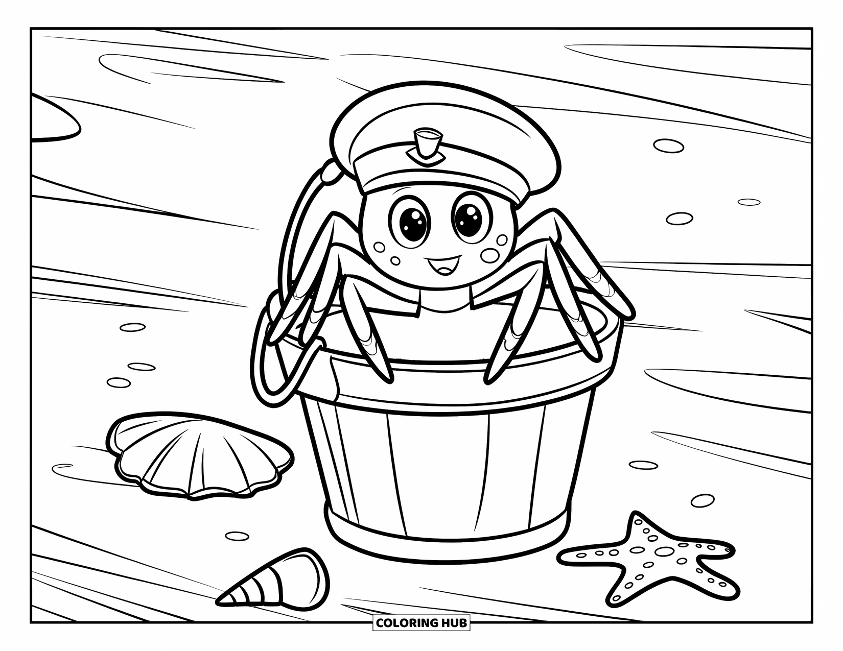 Spider Coloring Page for Kids: A spider in a sailor hat rests in a beach bucket with seashells and a starfish