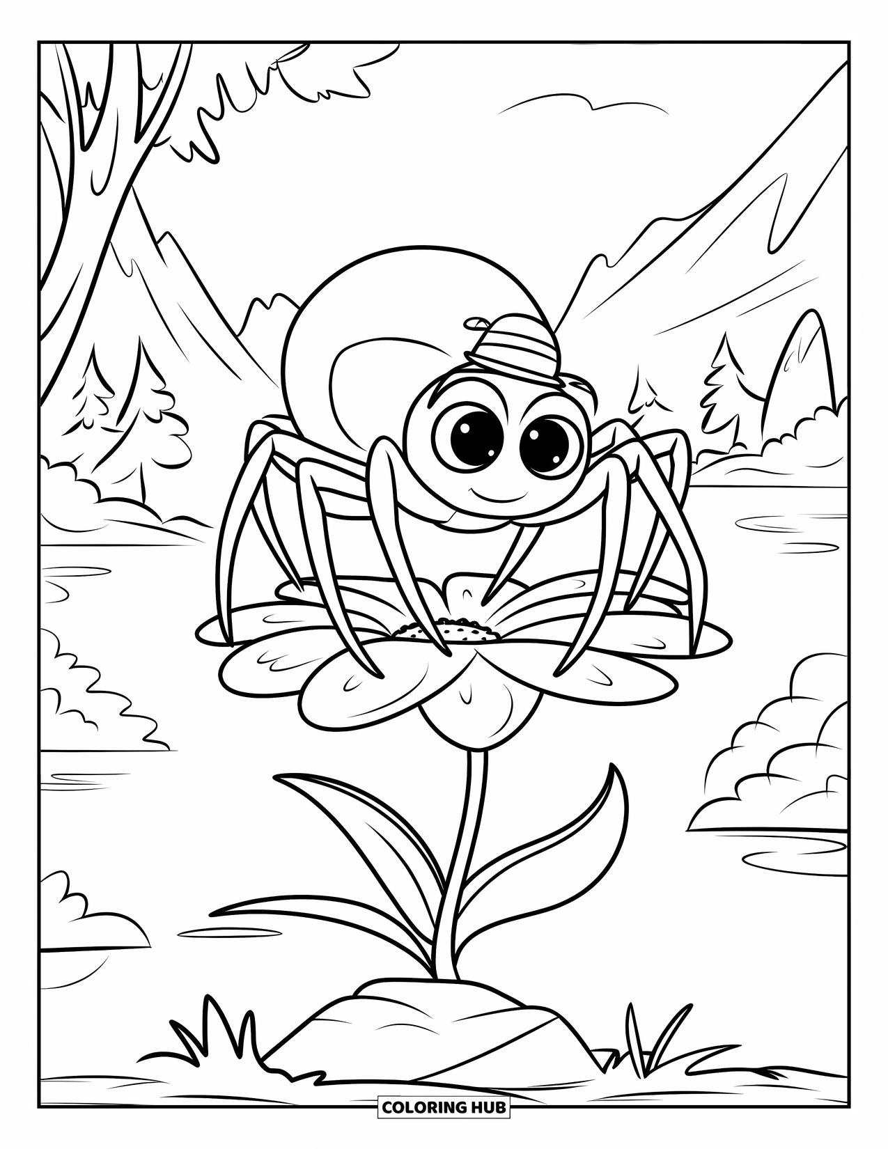 Spider Coloring Page for Kids: A spider in a tiny hat balances on a flower set on a rock
