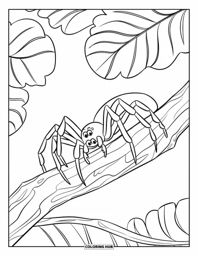 Coloriage d'araignées pour enfants : Une araignée avance sur une branche épaisse couverte de feuilles aux formes variées