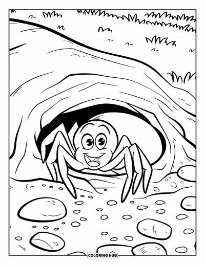 Coloriage d'araignées pour enfants : Une araignée sort d'un terrier entouré de petits cailloux et d'herbe