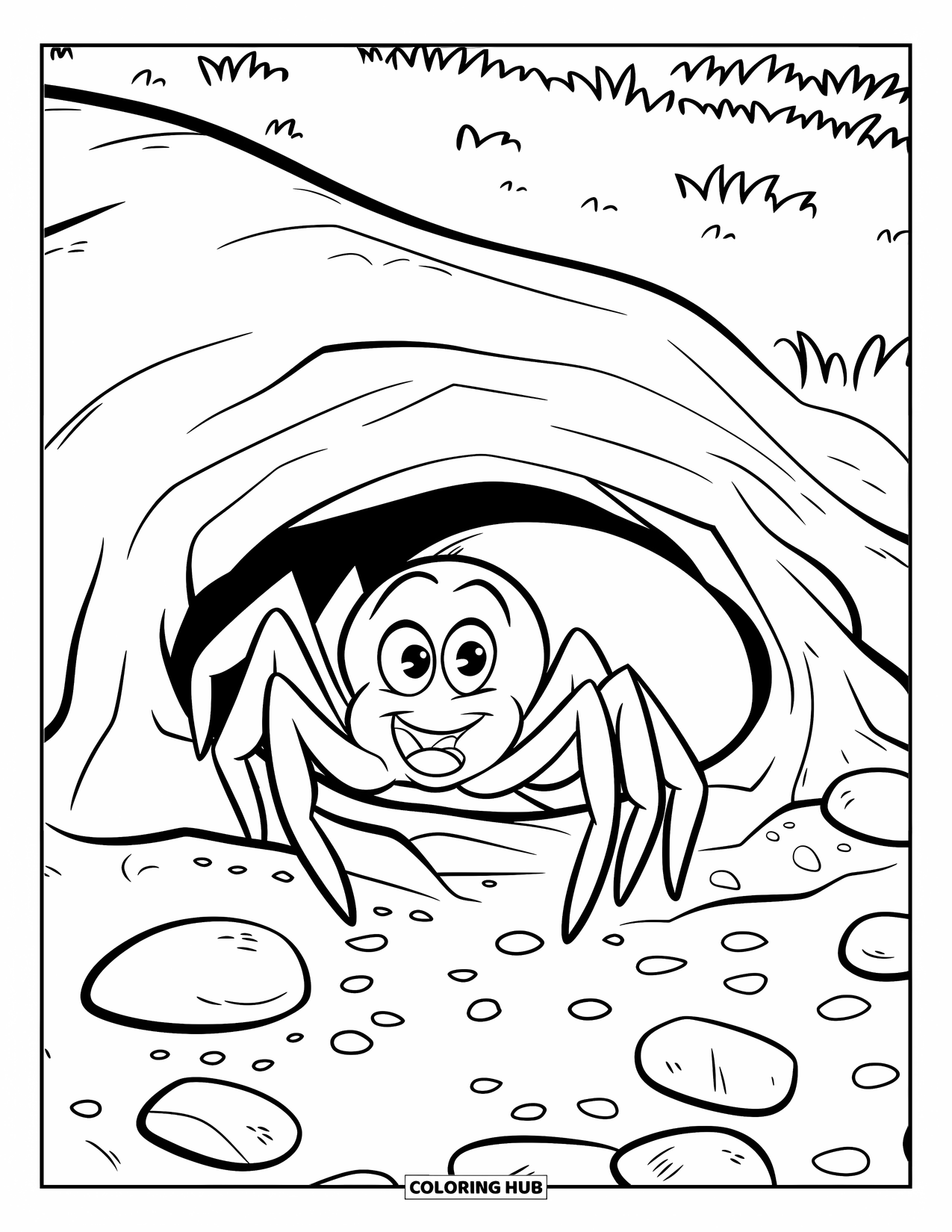 Spider Coloring Page for Kids: A spider peeks out from a burrow surrounded by scattered pebbles and grass
