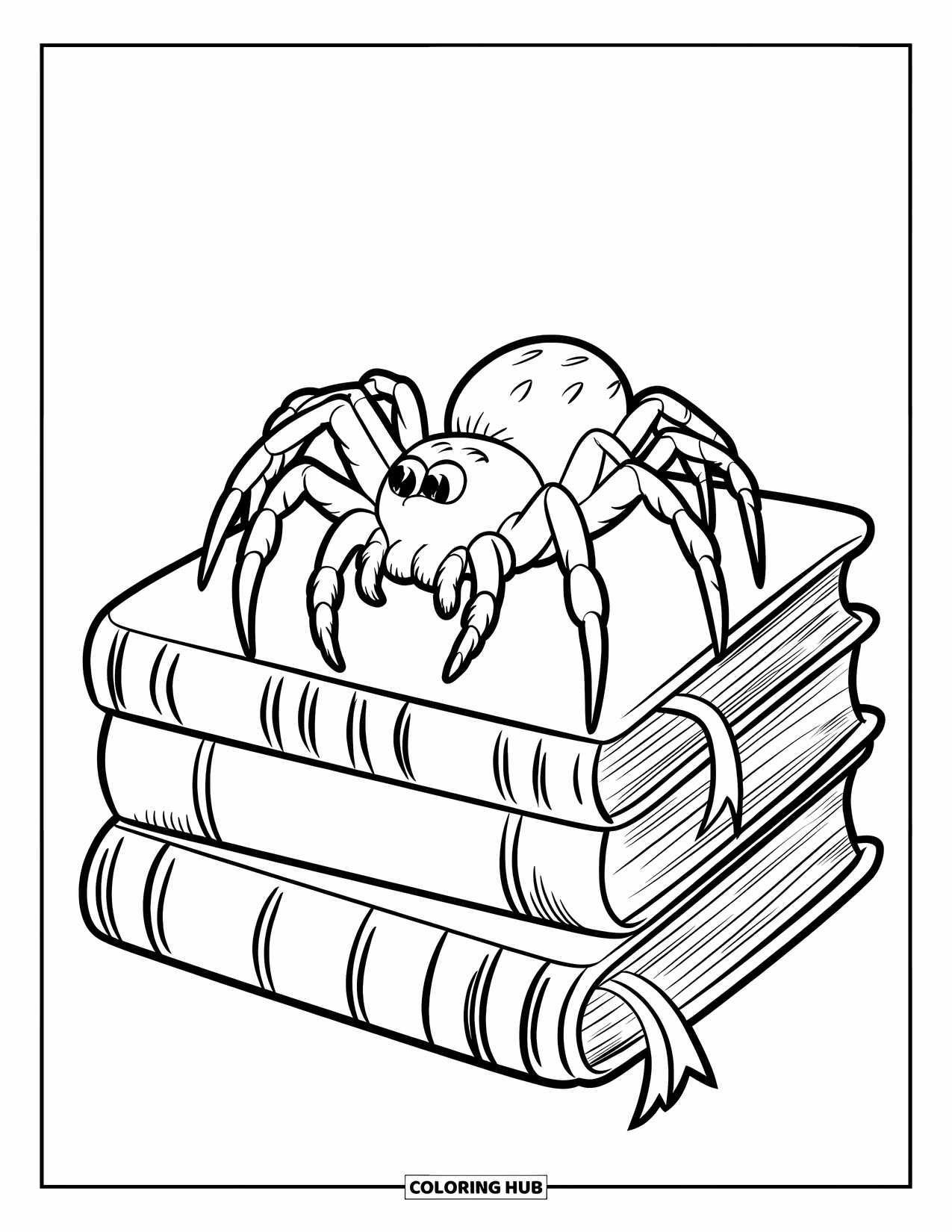 Spider Coloring Page for Kids: A spider rests on a book pile filled with old pages and tiny bookmarks
