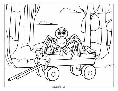 Coloriage d'araignées pour enfants : Une araignée se repose sur une charrette couverte de feuilles sous de grands arbres et un ciel dégagé