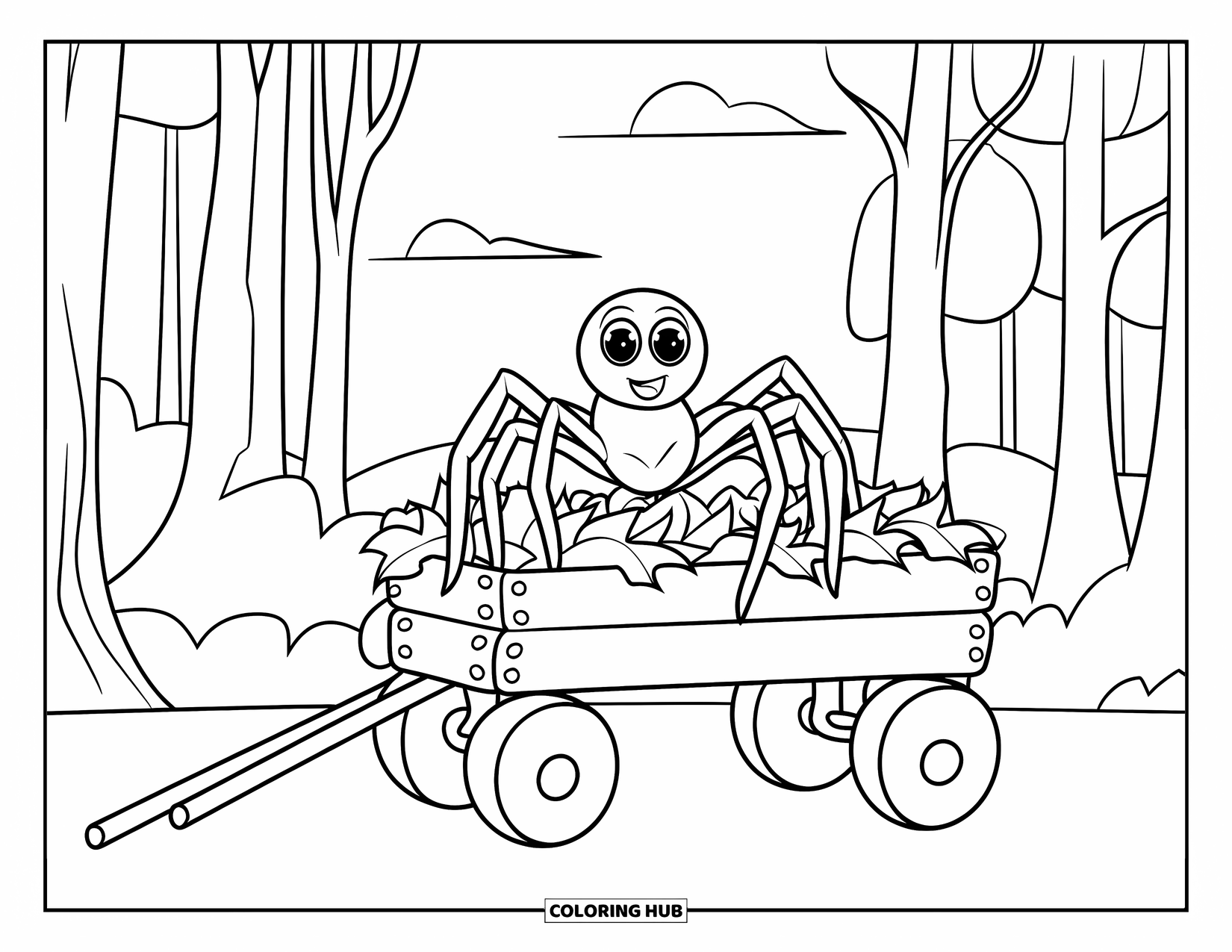 Spider Coloring Page for Kids: A spider rests on a leaf-filled wagon beneath tall trees and an open sky
