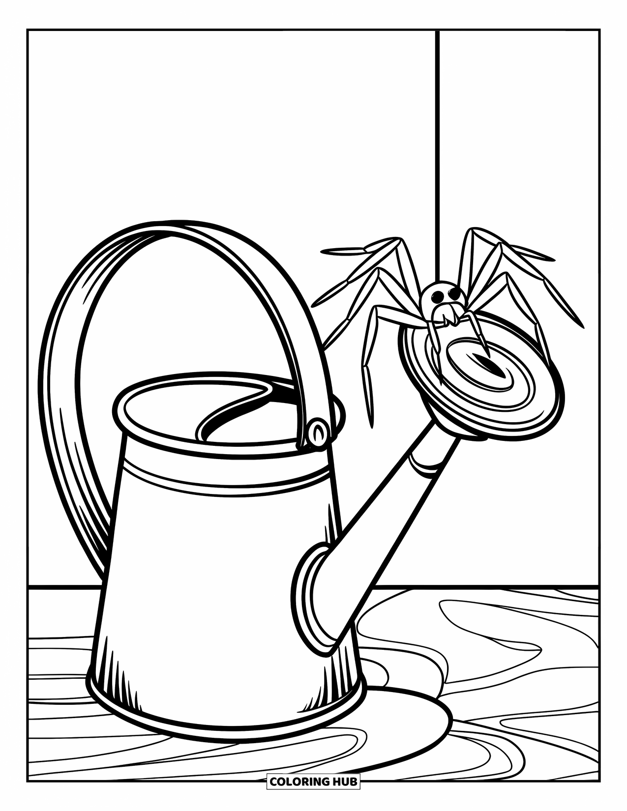 Spider Coloring Page for Kids: A spider rests on a vintage watering can with swirly, patterned handles