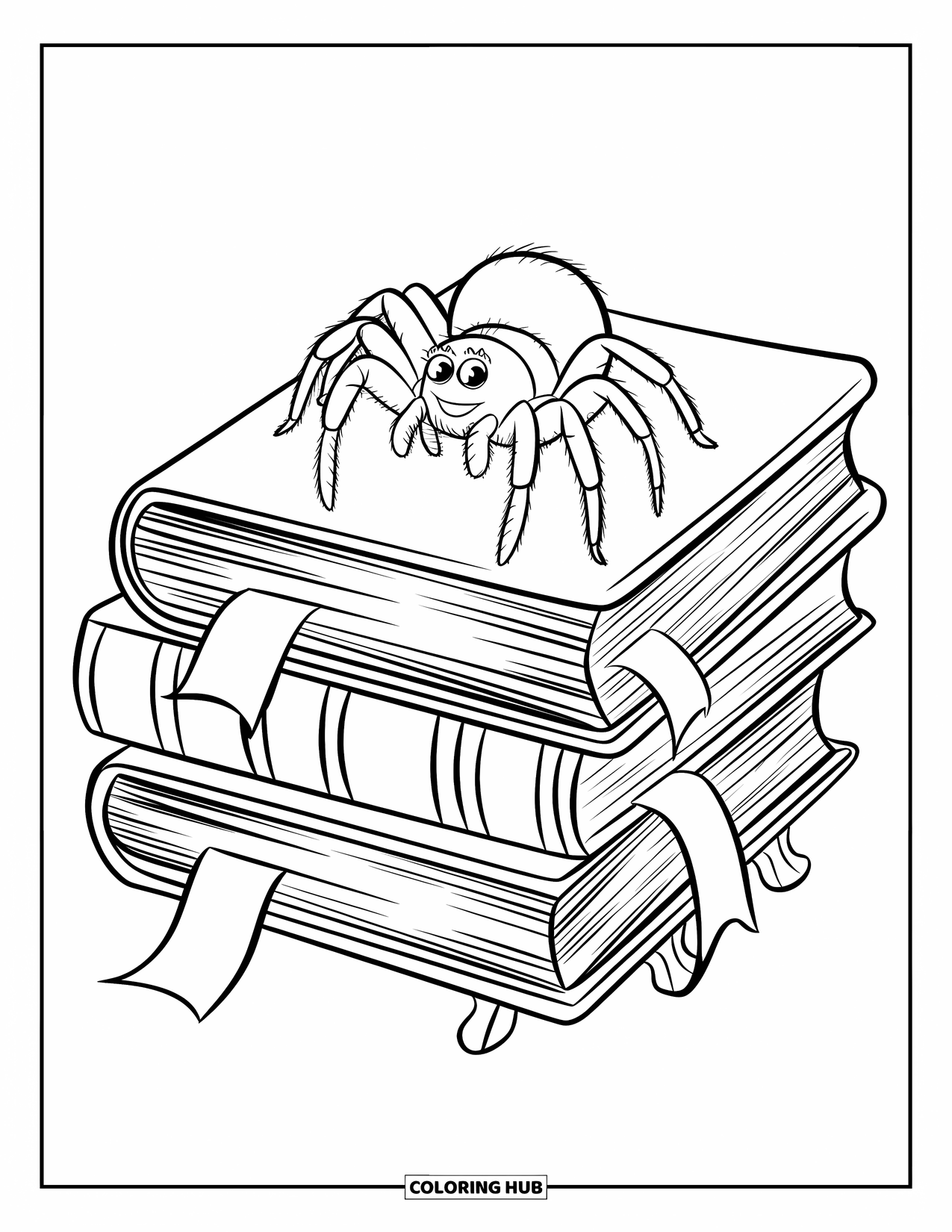 Spider Coloring Page for Kids: A spider rests on top of a stack of old books with curled pages