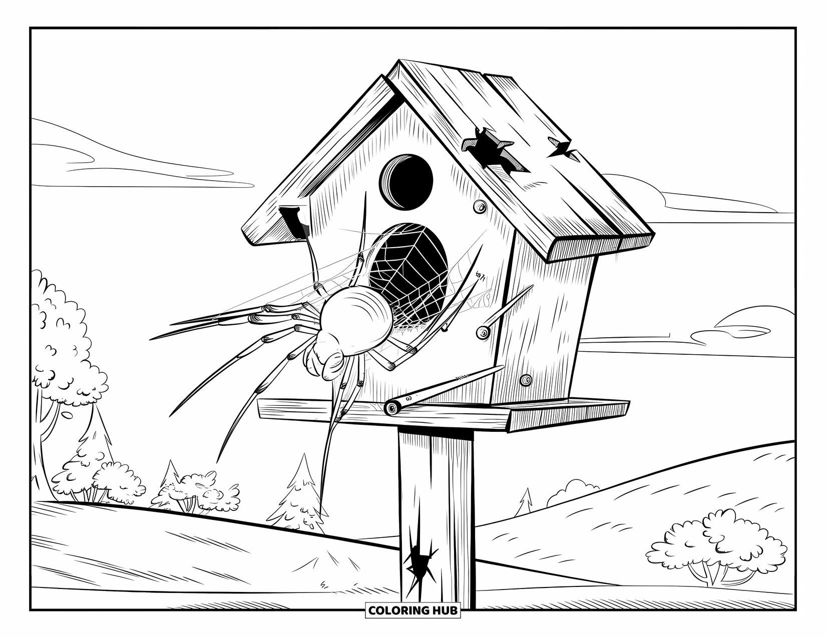 Spider Coloring Page for Kids: A spider sits in a quiet birdhouse on a tall post with holes and cracks