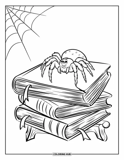 Coloriage d'araignées pour enfants : Une araignée est assise calmement sur des livres usés avec des marque-pages et une toile au-dessus