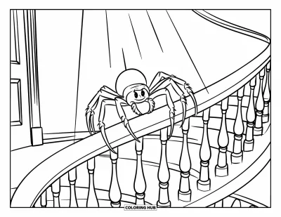 Coloriage d'araignées pour enfants : Une araignée est posée calmement sur une rampe en spirale pendant que la lumière projette son ombre sur le mur