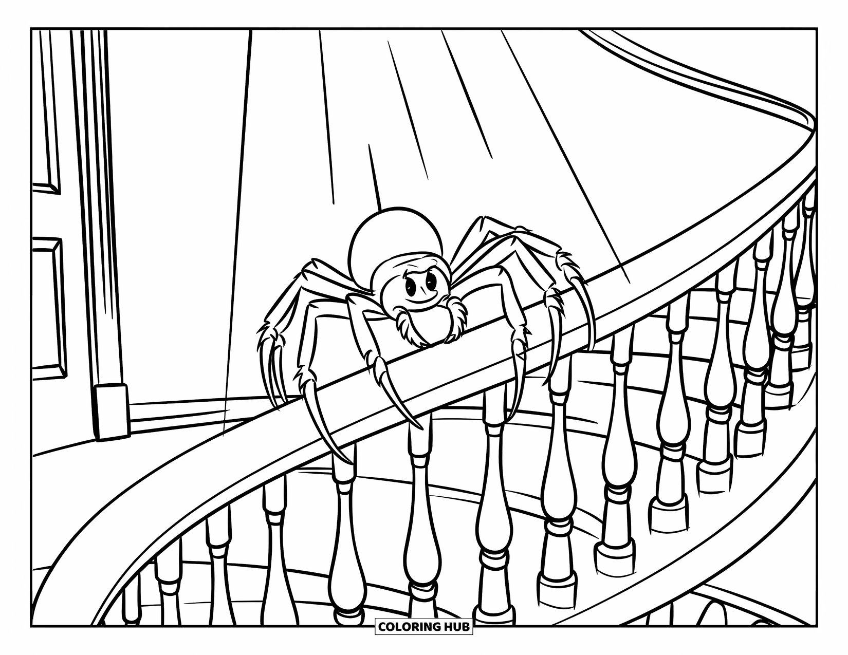 Spider Coloring Page for Kids: A spider sits quietly on a spiral railing as light casts its shadow on the wall