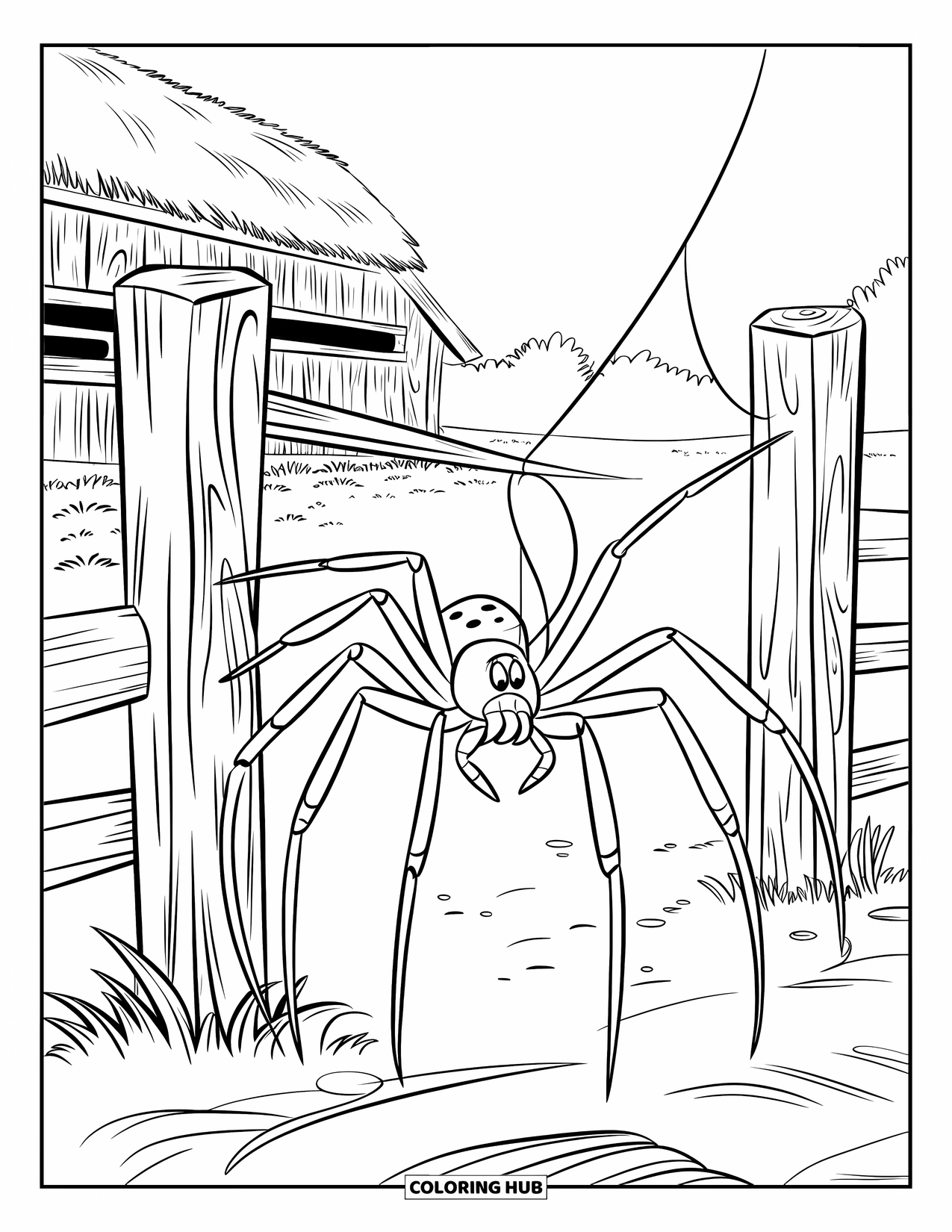 Spider Coloring Page for Kids: A spider spins between wooden posts beside a quiet barn and open trees