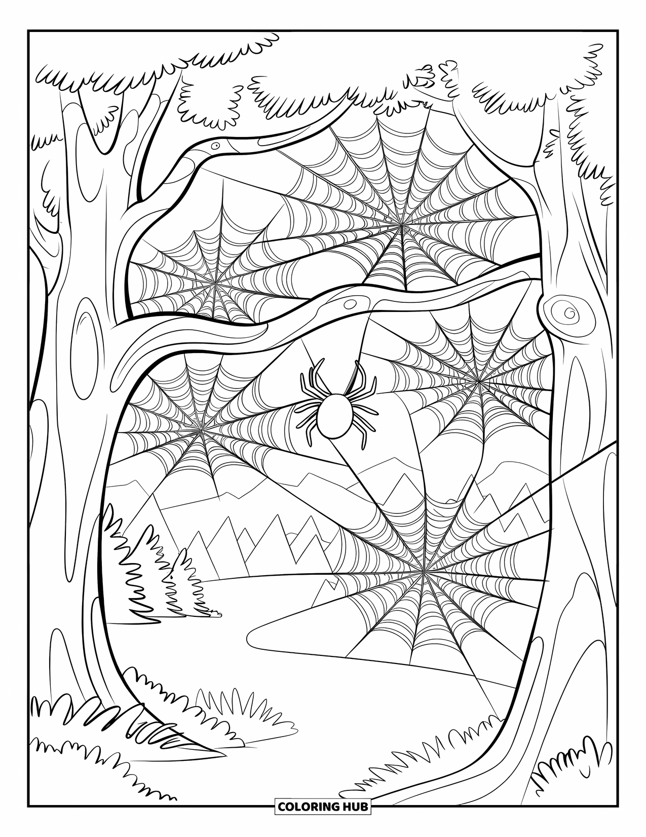 Spider Coloring Page for Kids: A spider spins silk in forest trees with scattered webs and a castle in view