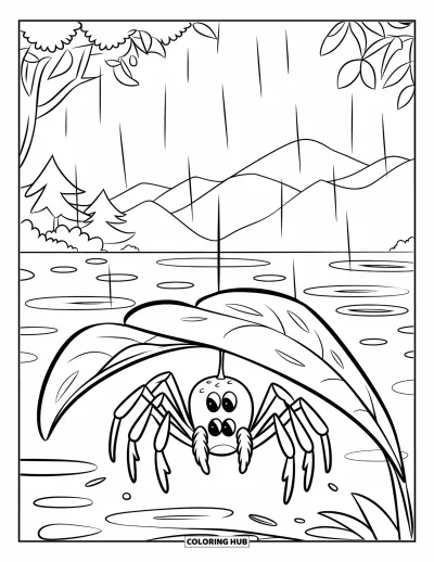 Coloriage d'araignées pour enfants : Une araignée étend ses pattes sous une feuille lisse dans une ambiance pluvieuse et sereine