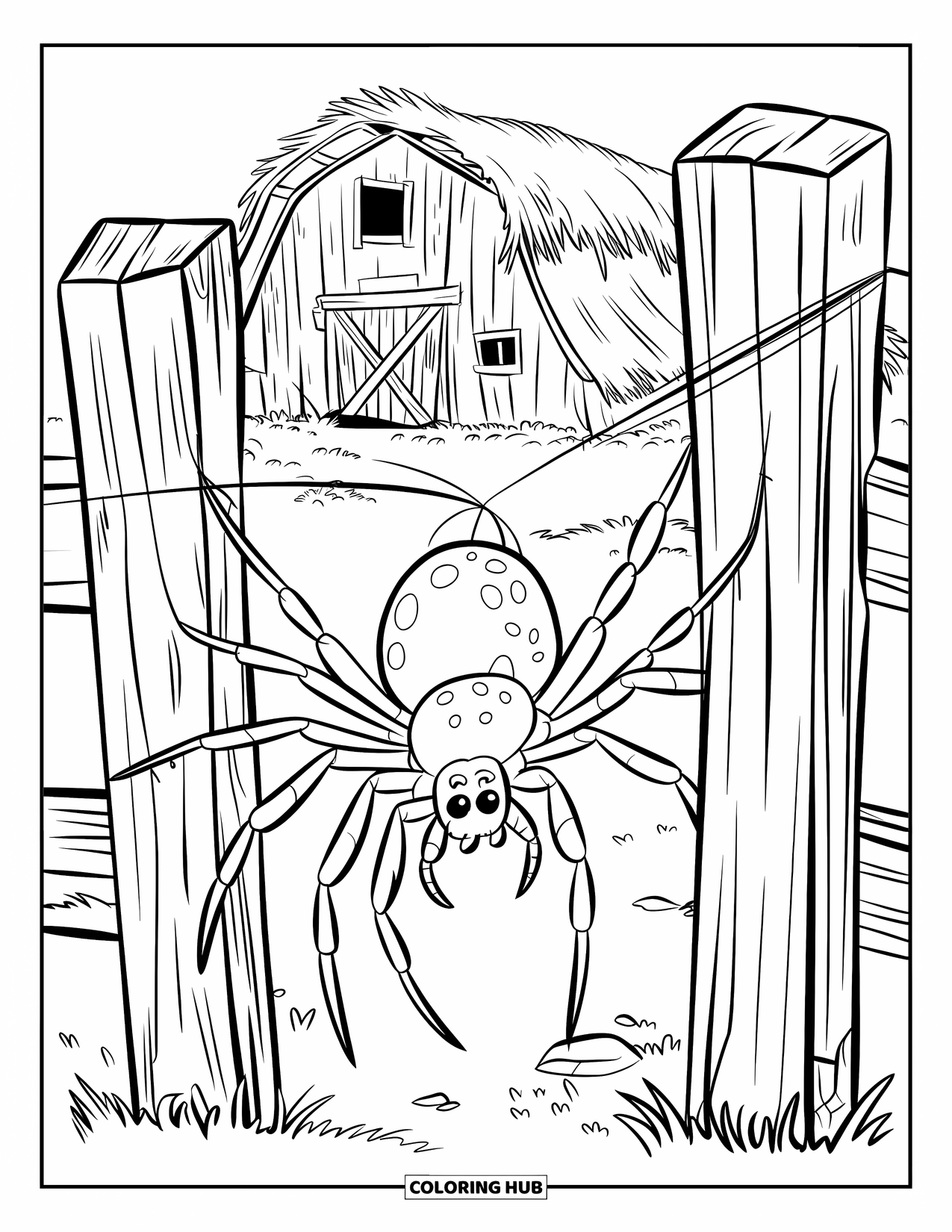 Spider Coloring Page for Kids: A spider threads silk between fence posts beside a barn with a thatched roof