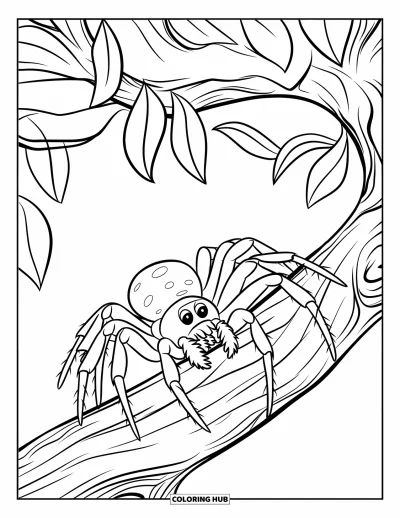 Coloriage d'araignées pour enfants : Une araignée marche le long d'une branche feuillue à l'écorce texturée et aux brindilles courbées