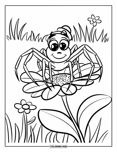 Coloriage d'araignées pour enfants : Une araignée coiffée d'un chapeau se tient sur une fleur entourée d'herbe et de fleurs