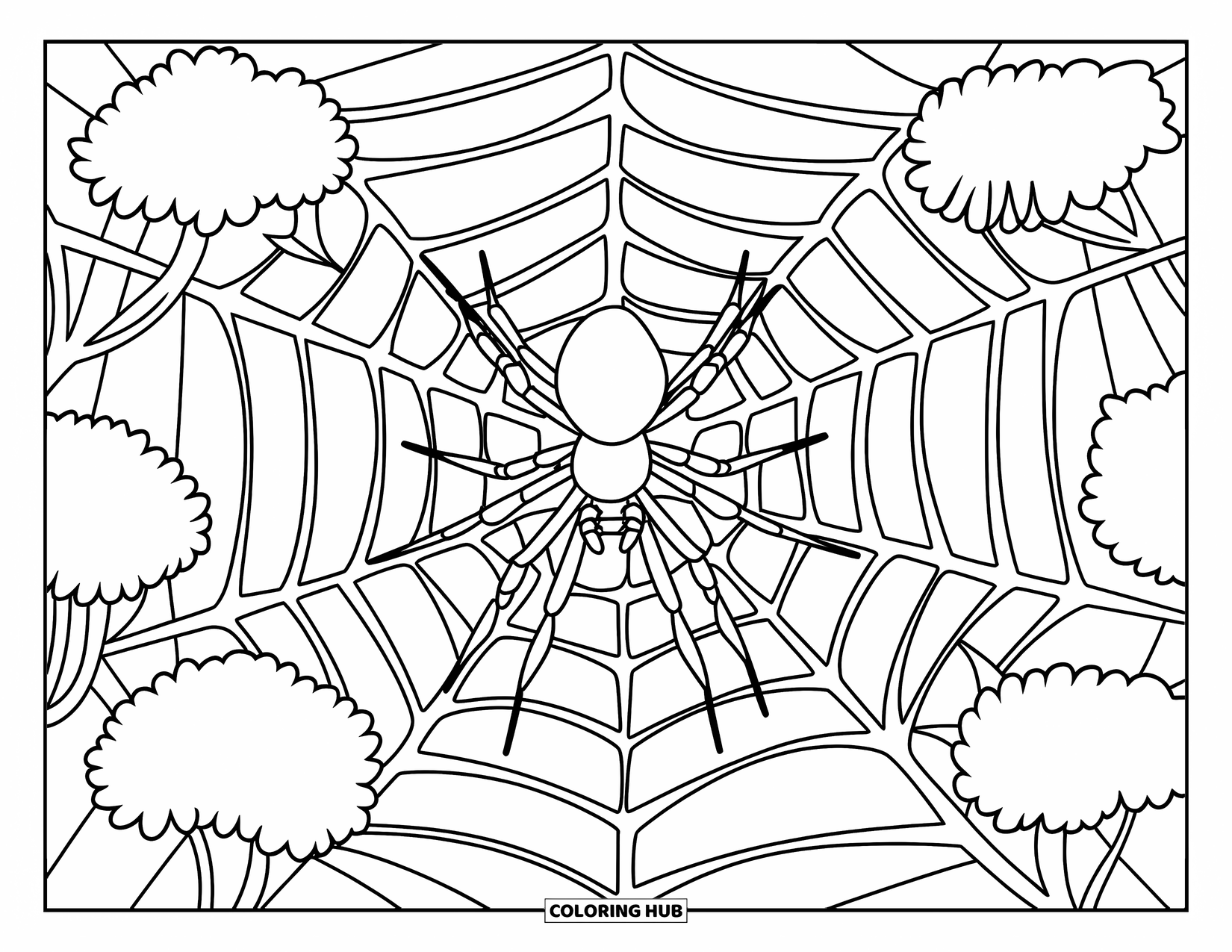 Spider Coloring Page for Kids: A spider weaves a detailed web between bush stems in a quiet space