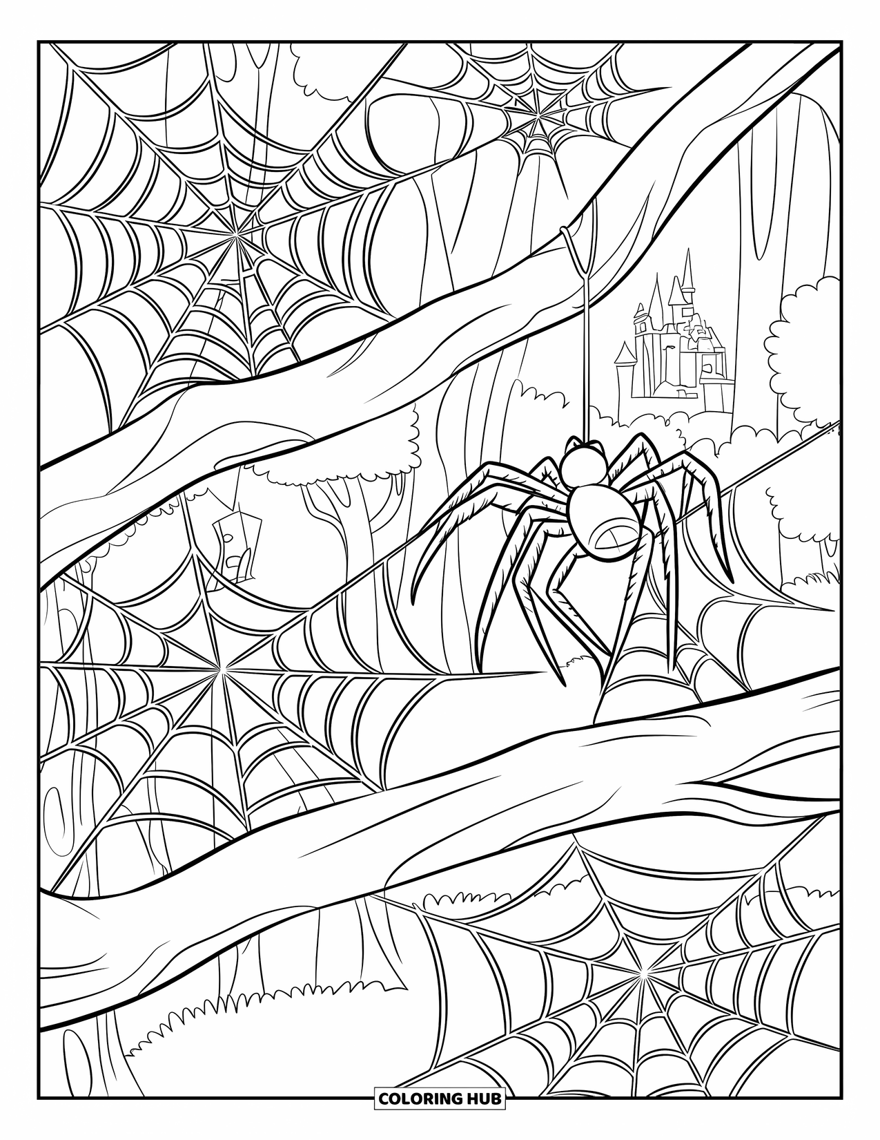 Spider Coloring Page for Kids: A spider weaves among webs scattered in tree limbs near a castle and trees
