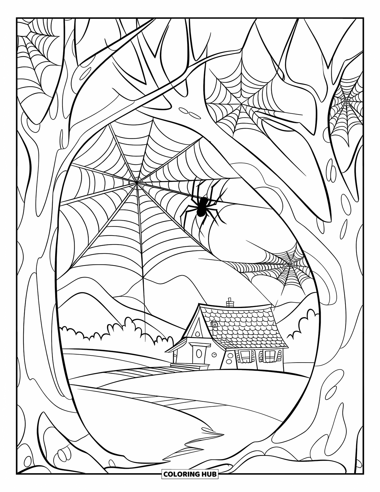 Spider Coloring Page for Kids: A spider weaves in tree branches near a cottage with mountains in the background