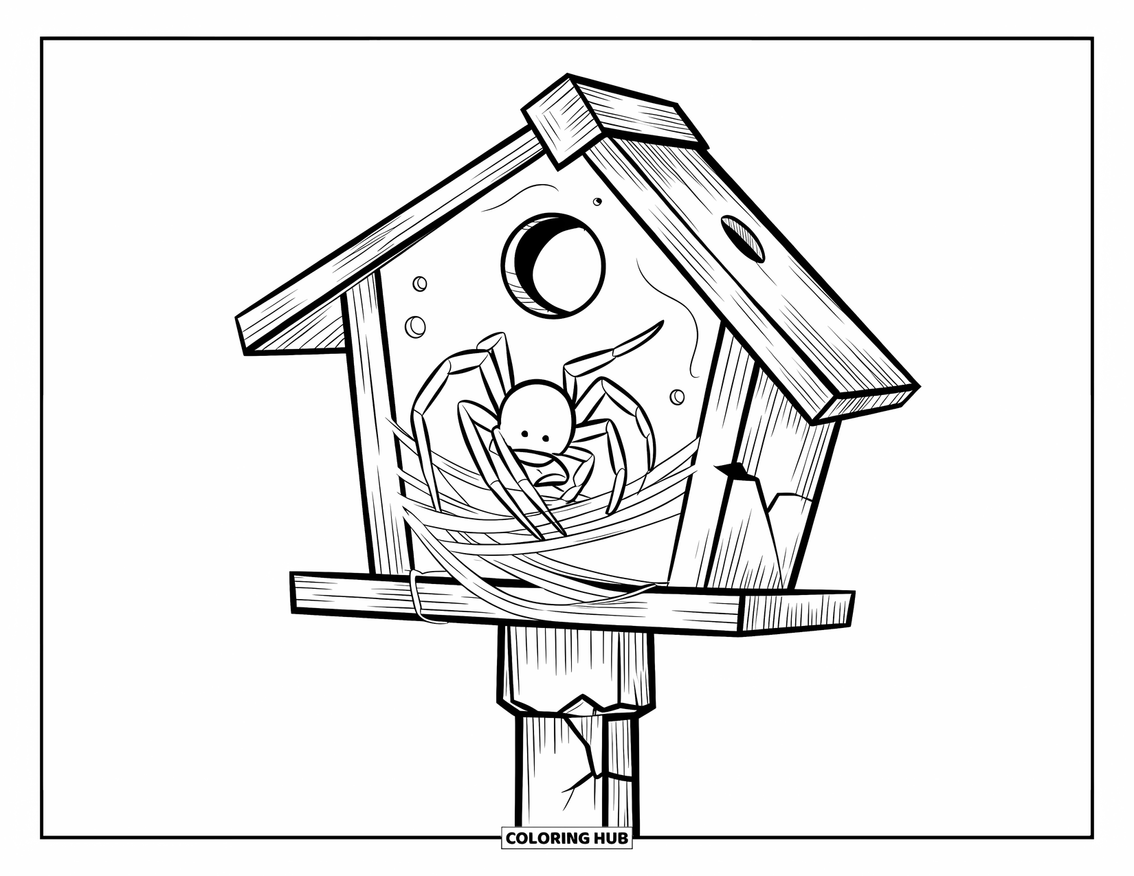 Spider Coloring Page for Kids: A spider weaves silk inside a worn birdhouse perched on a tall, cracked post
