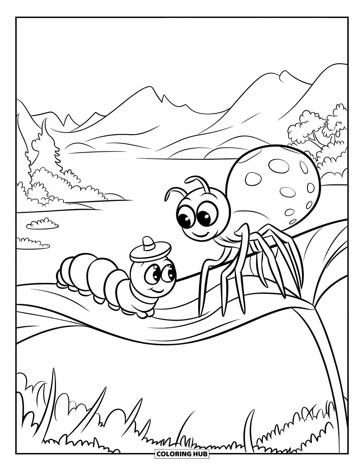 Spider Coloring Page for Kids: A spider with a band and a caterpillar in a hat rest on a leaf